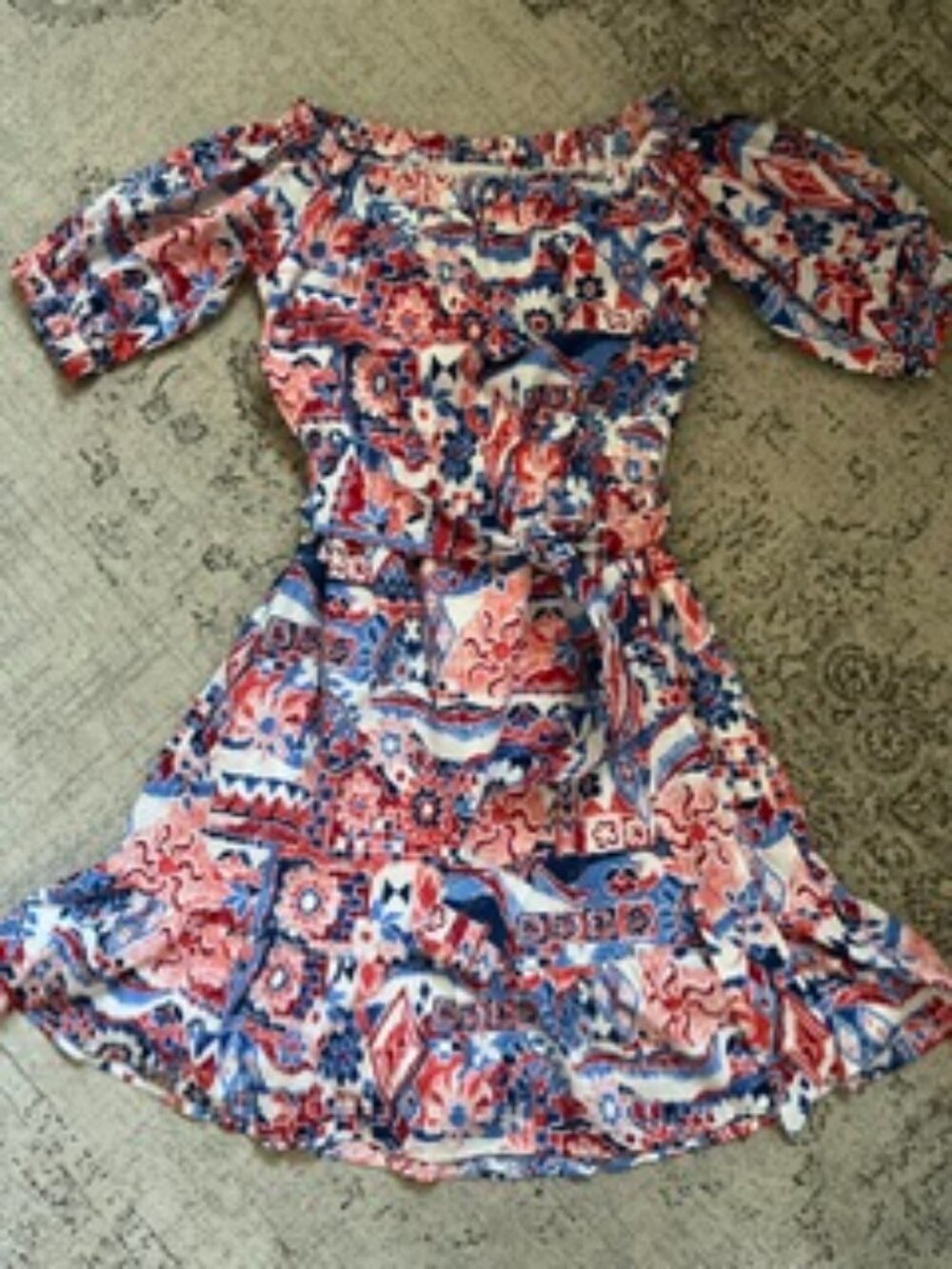 LOFT Off-Shoulder Red Blue White Floral Geometric Print Mini Dress Women's XXS